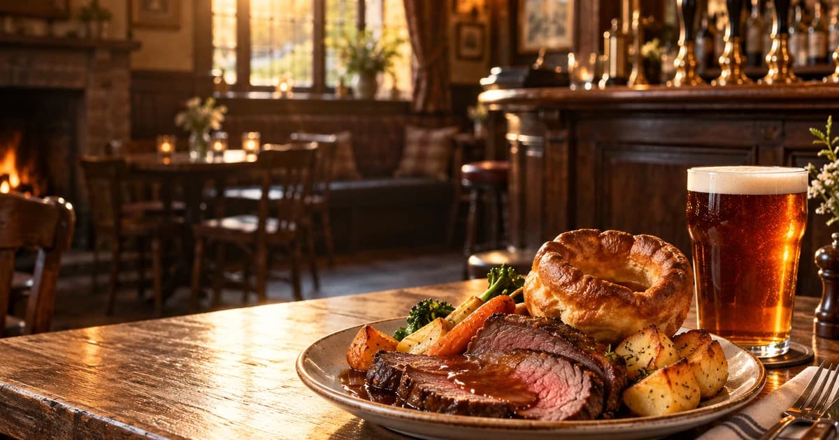 Illustration of a Sunday roast and a pint of ale on a pub table