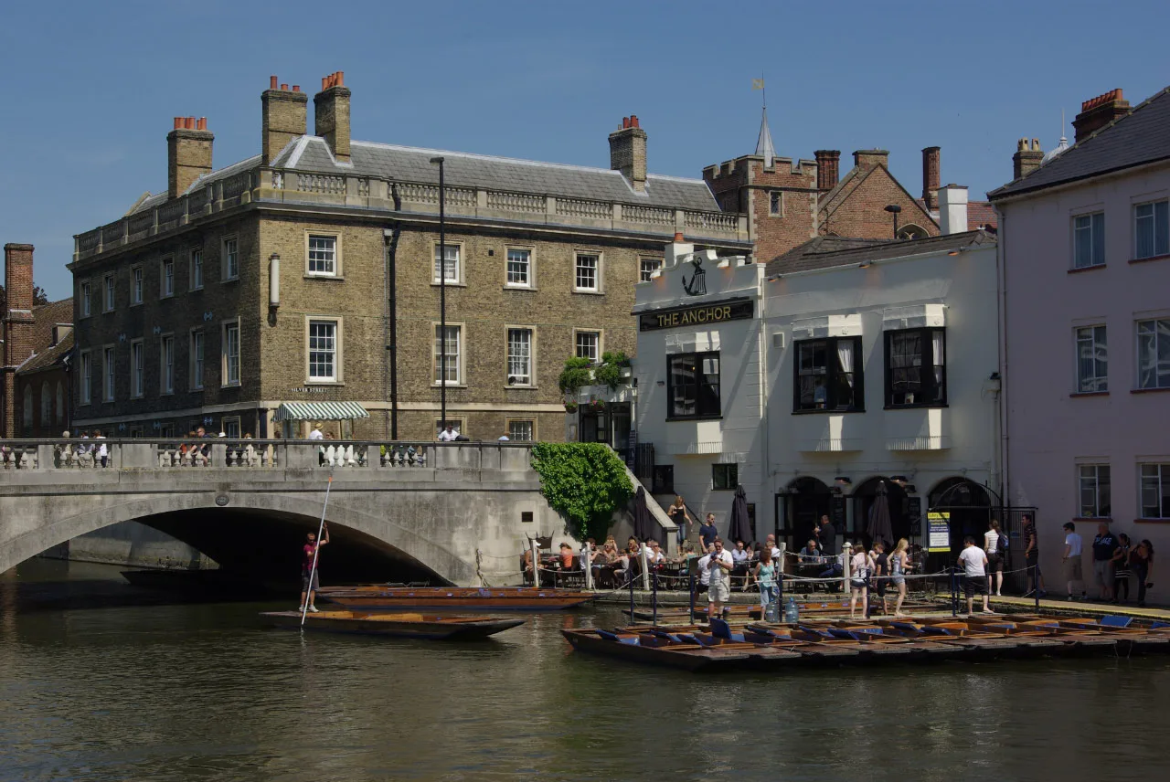 The Anchor beside the River Cam in Cambridge, with punts moored below.