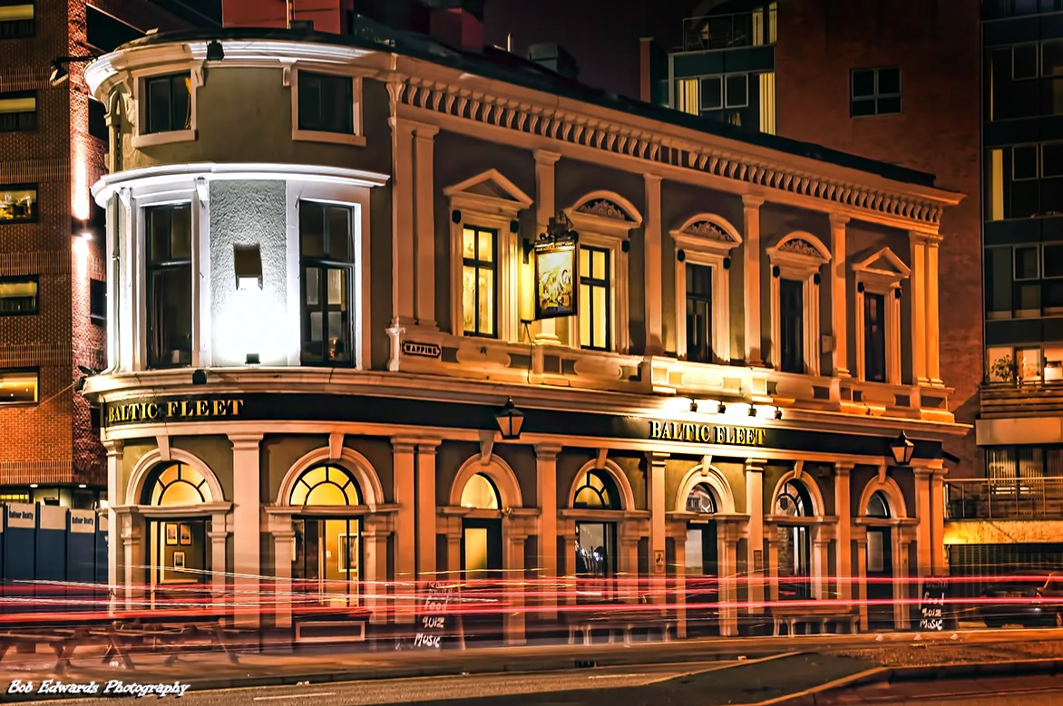 The Baltic Fleet pub lit up at night, Liverpool.