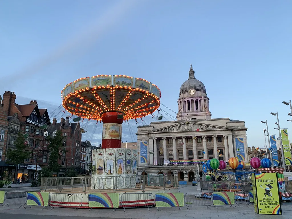 A merry-go-round in front of the Council House on Old Market Square, Nottingham.