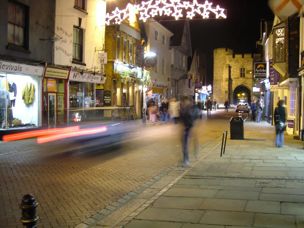 Christmas lights over the High Street in Canterbury.