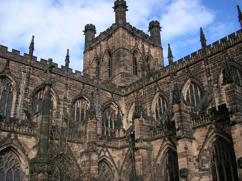 The sandstone tower of Chester Cathedral.