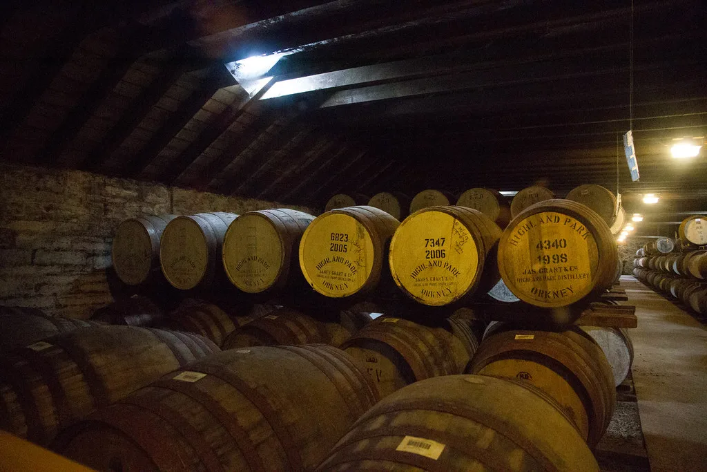 Whisky casks maturing at Highland Park Distillery, Kirkwall.