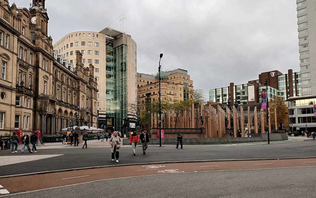 Leeds city centre seen from the northern exit of the railway station.