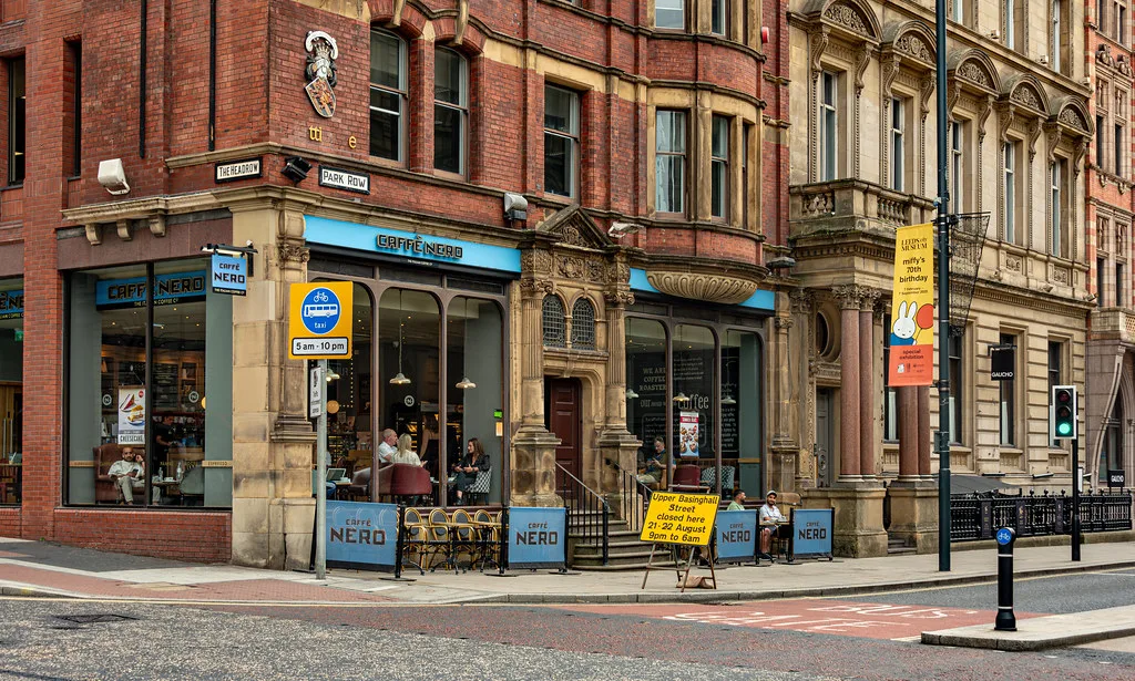 A corner café on a Victorian street in Leeds city centre.