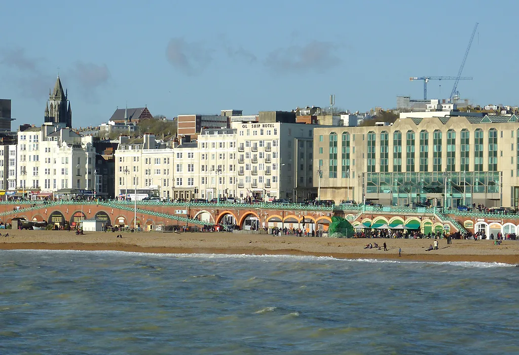 Brighton beach and seafront seen from the sea.