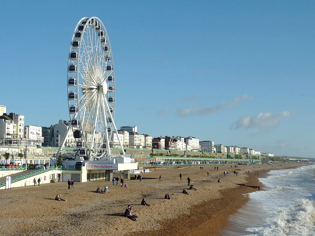 Brighton beach and seafront with the observation wheel.