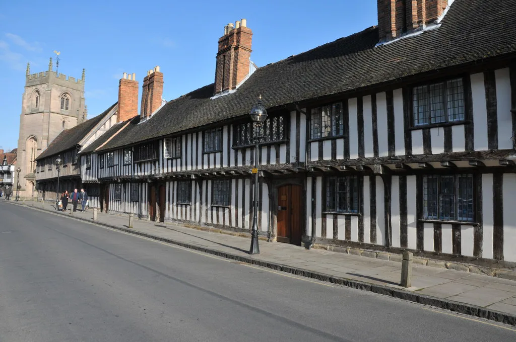Timber-framed almshouses on Church Street, Stratford-upon-Avon.