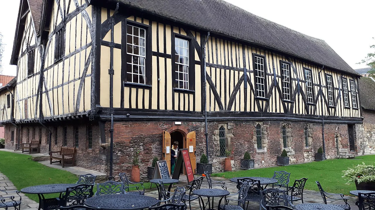 The timber-framed Merchant Adventurers' Hall and garden, York.