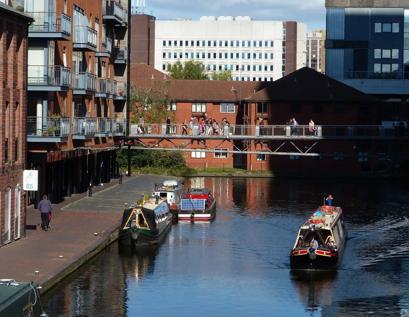 Boats on the Worcester and Birmingham Canal in central Birmingham.