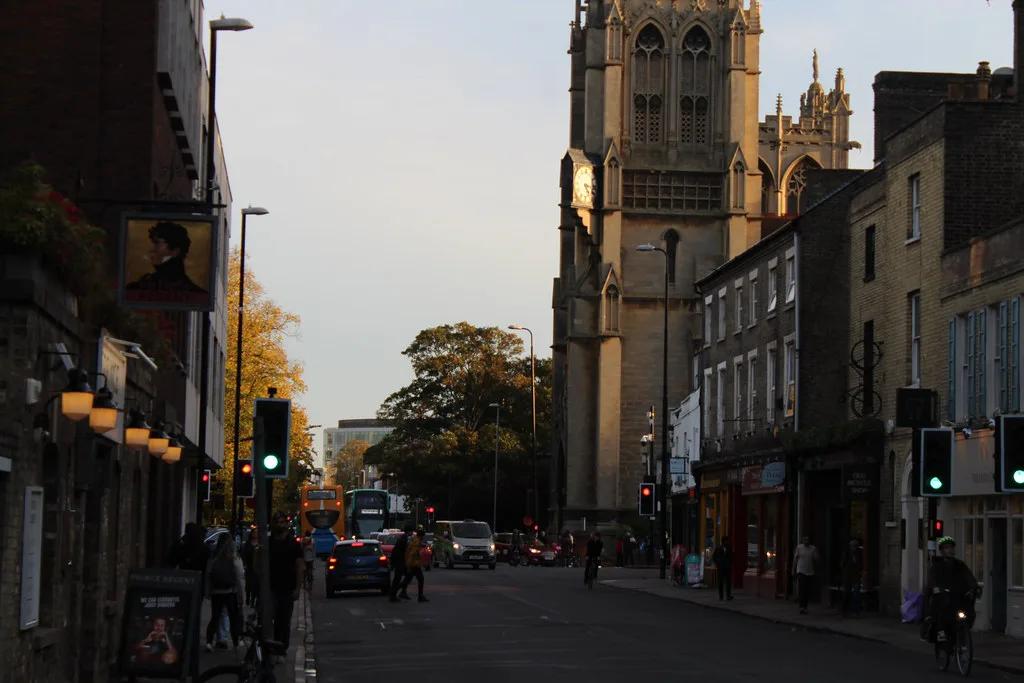 Regent Street in Cambridge, looking out of the city centre.
