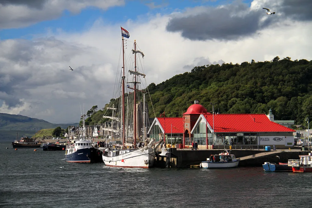 A tall ship moored in Oban harbour.
