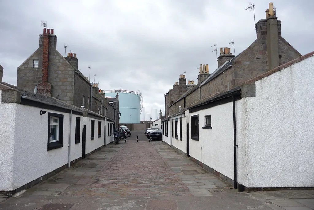 Whitewashed cottages in Footdee, Aberdeen.