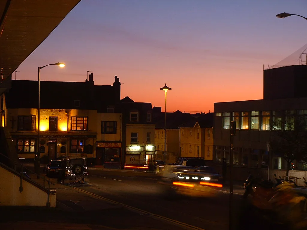 John Street, off Edward Street, Brighton, at dusk.