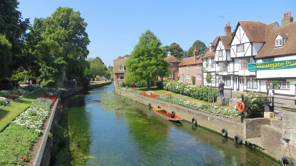 The Great Stour flowing past riverside gardens and houses in Canterbury.