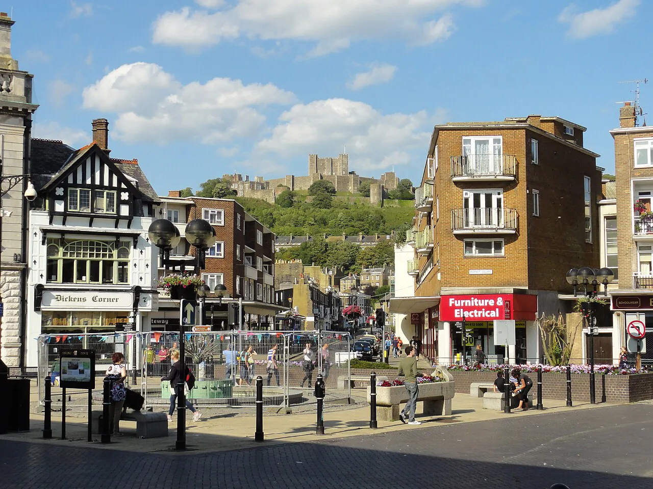 Market Square with Dover Castle on the hill behind, Dover.