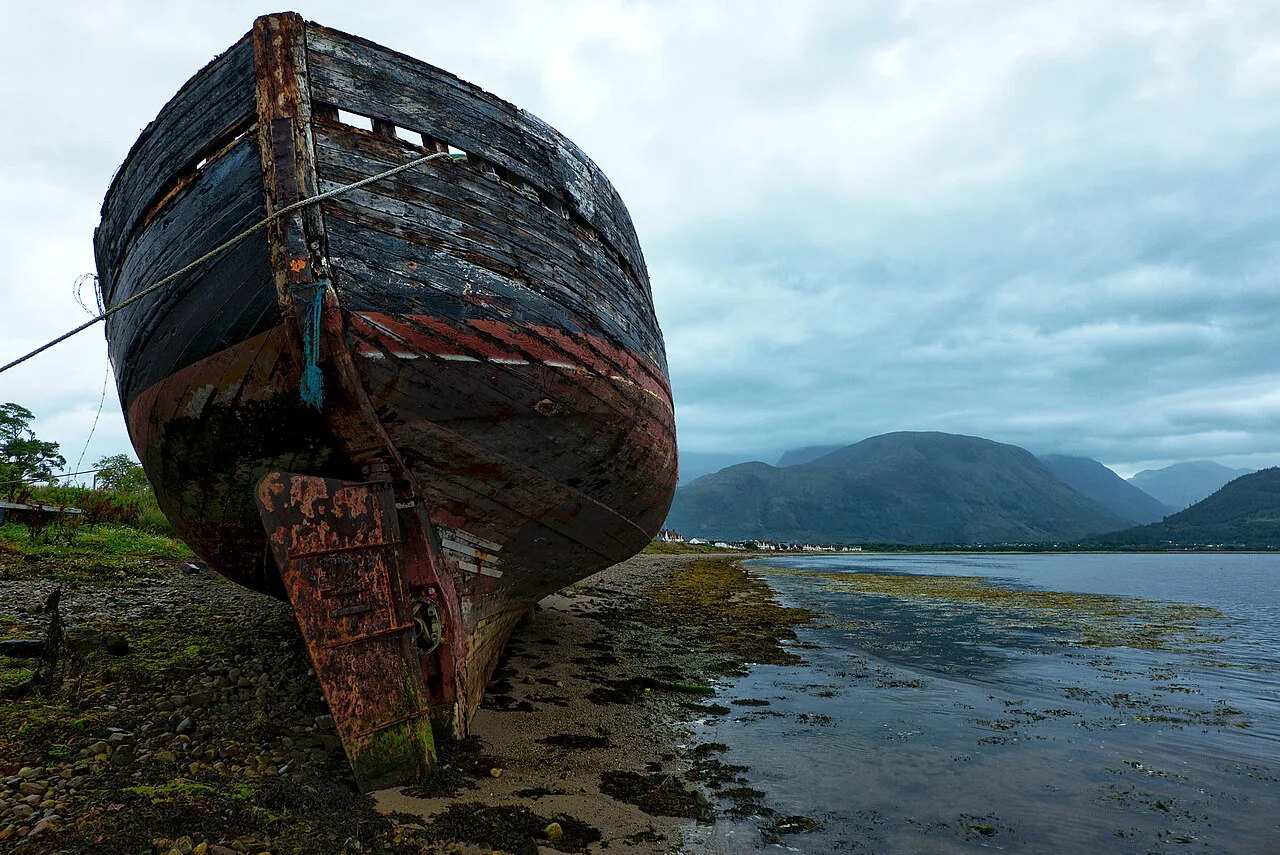 An old wrecked boat on the shore at Caol, near Fort William.