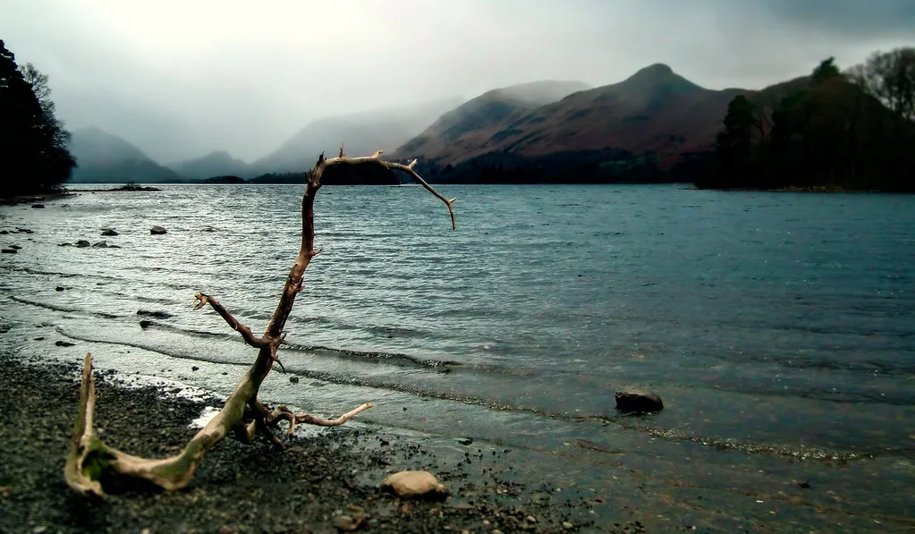 Derwentwater seen from Keswick on a showery day.