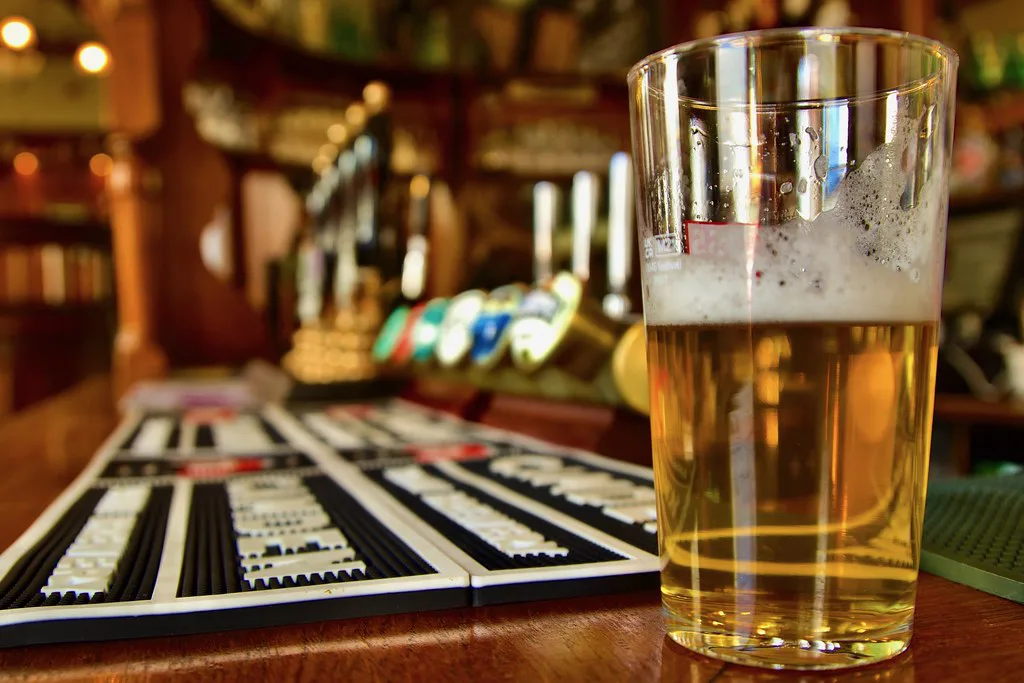 A pint of White Rat ale at a pub on Renshaw Street, Liverpool.