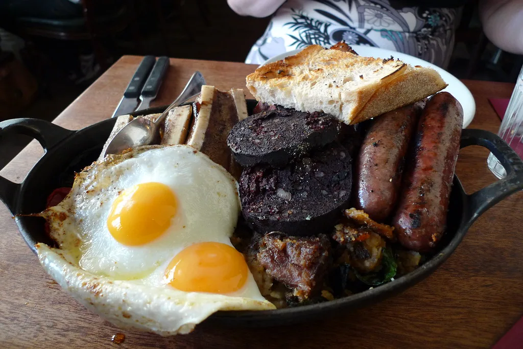 The Hawksmoor breakfast, a full English for two, at Hawksmoor Spitalfields in London.