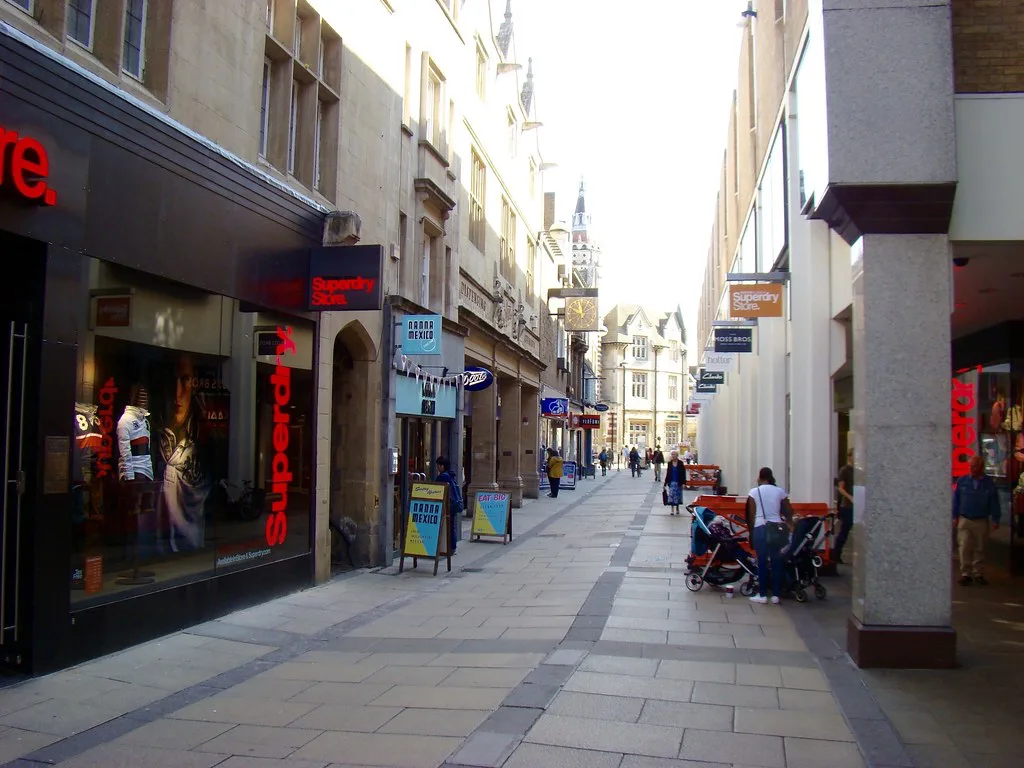 A pedestrian shopping street in Cambridge city centre.