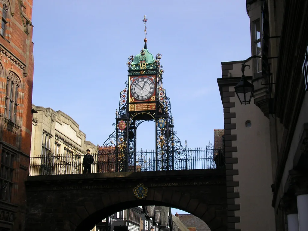 The Eastgate Clock above the city walls in Chester.