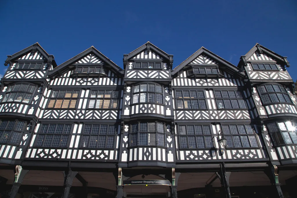 Black-and-white timbered buildings on Bridge Street, Chester.