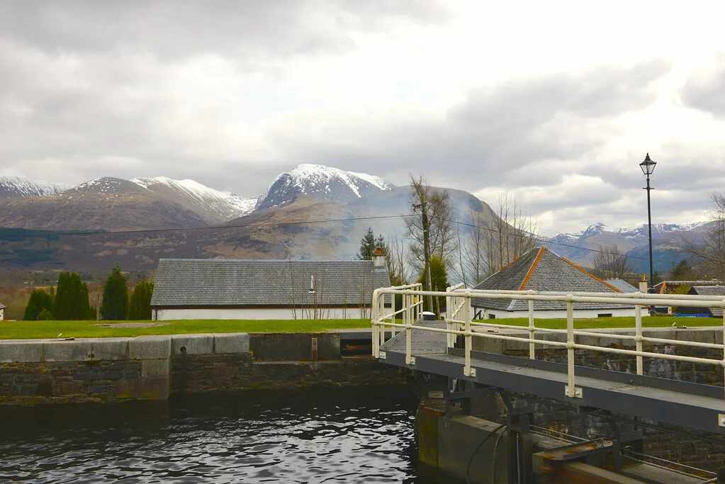 Ben Nevis seen from Neptune's Staircase at Banavie, near Fort William.