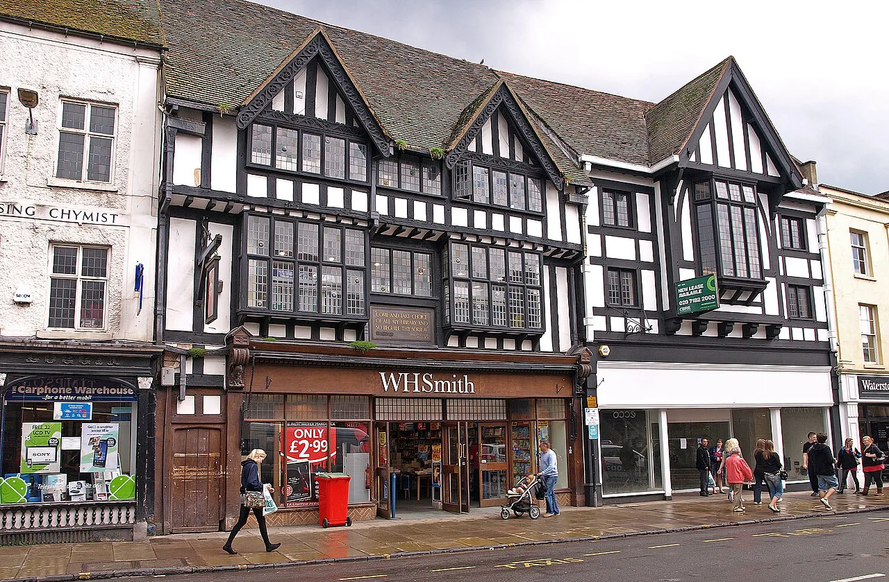 Timber-framed shops on High Street, Stratford-upon-Avon.