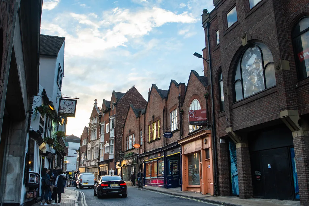 A street of old shops in York city centre.