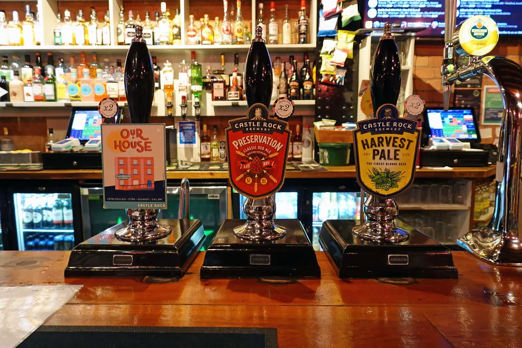 Handpumps on the bar of the Canalhouse pub on Canal Street, Nottingham.