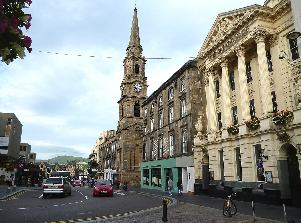 A church steeple at the end of the High Street, Inverness.