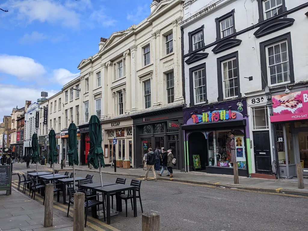 Pavement tables and shopfronts on Bold Street, Liverpool.