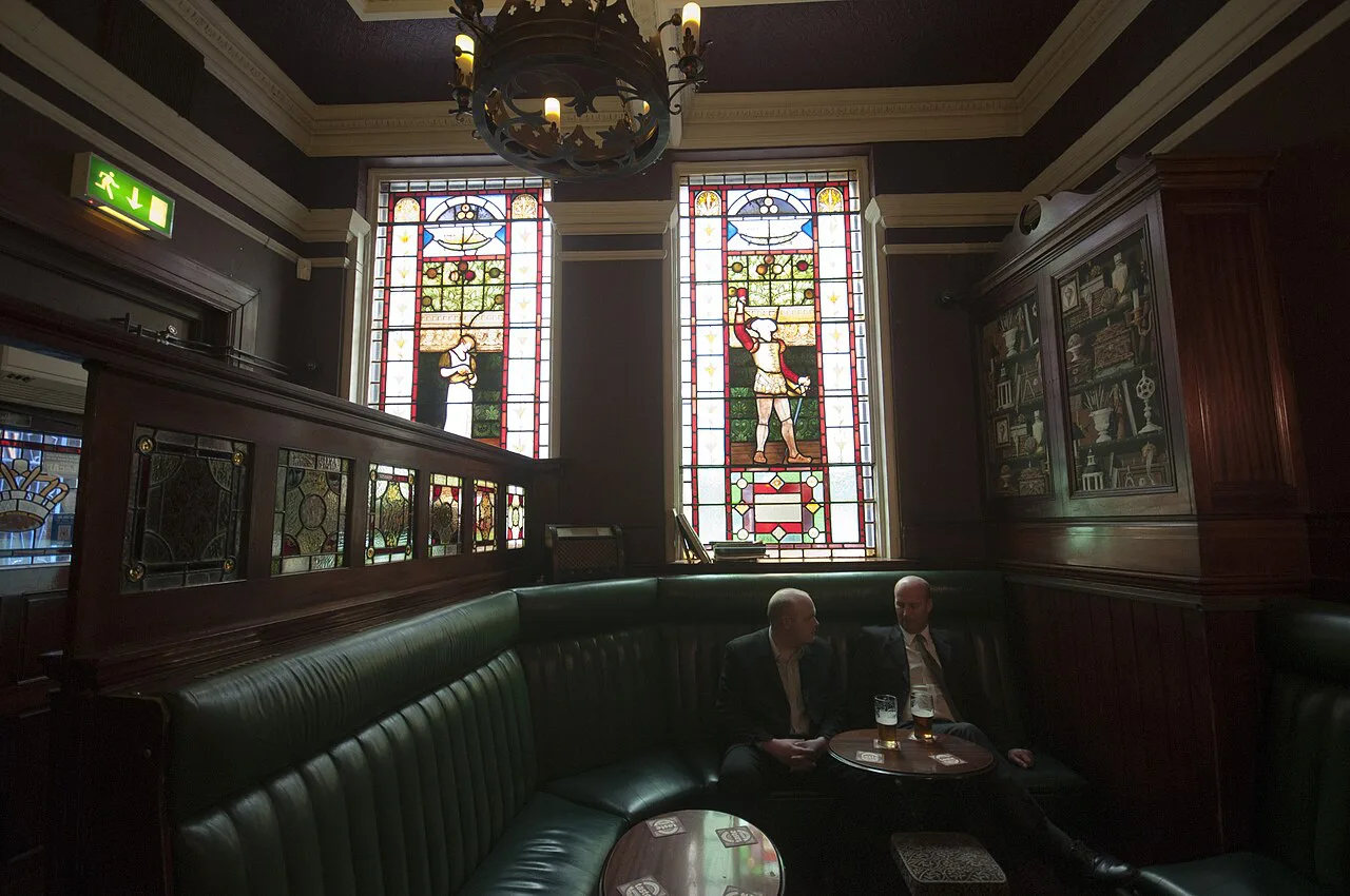 The front snug with stained-glass windows inside the Crown Posada, Newcastle.