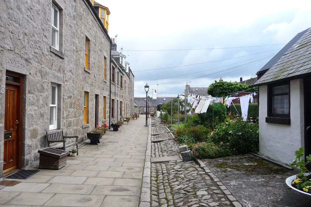 Cottages along a lane in the Footdee fishing village, Aberdeen.