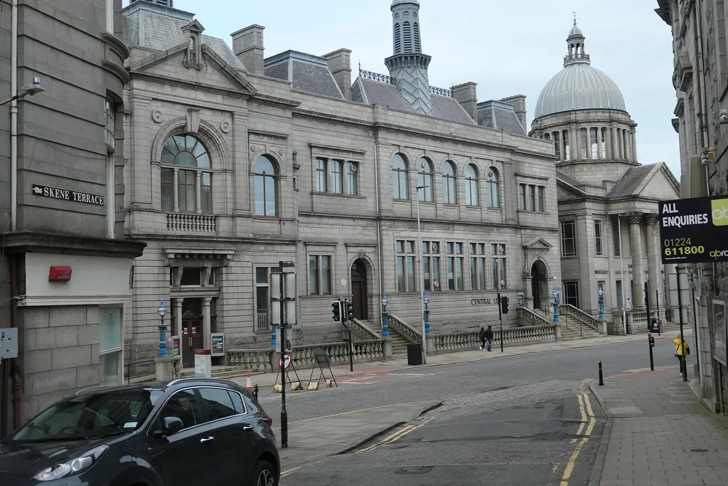The Central Library and St Mark's Church on Rosemount Viaduct, Aberdeen.