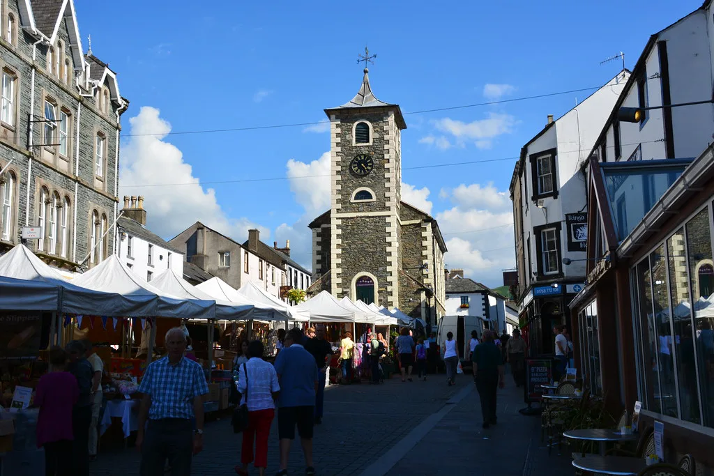 Market stalls beside the Moot Hall in Keswick.
