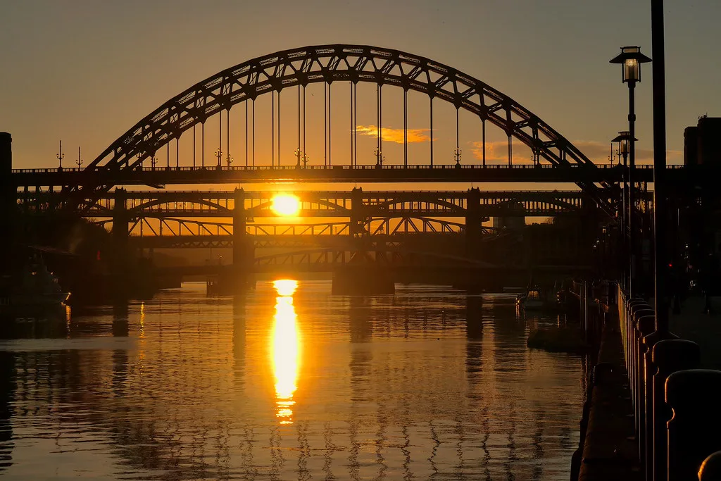 The Tyne Bridge silhouetted against the sunset in Newcastle.