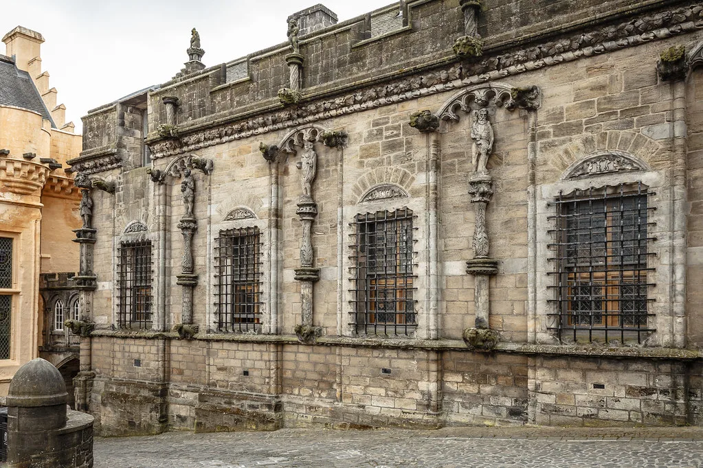 The carved stone facade of the royal palace at Stirling Castle.