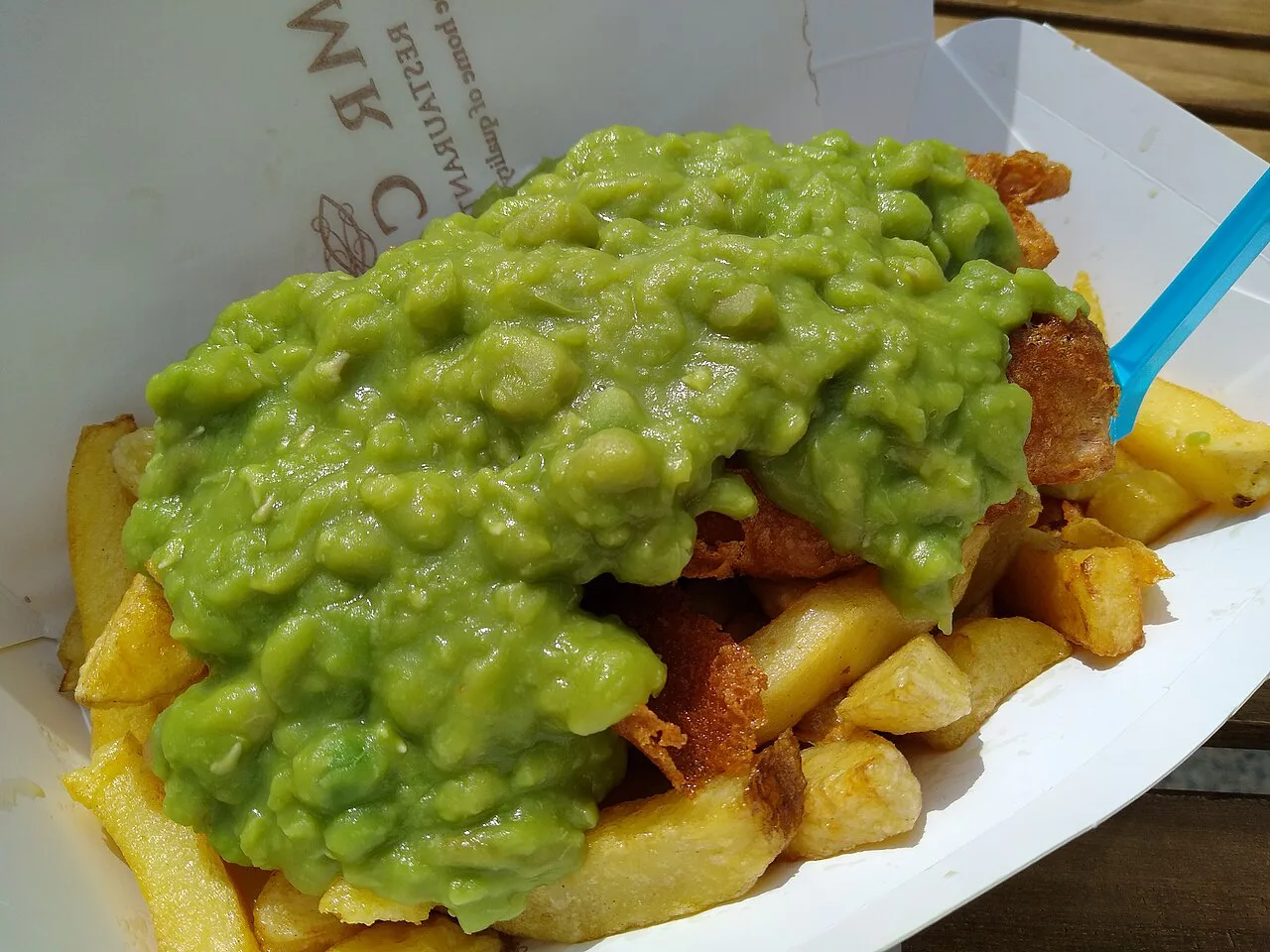 Vegan fish and chips with mushy peas from Mr Chippy, York.