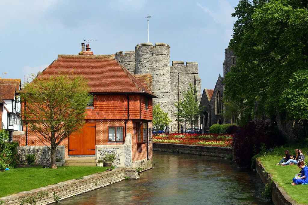 Westgate Gardens and the River Stour beside the Westgate towers, Canterbury.