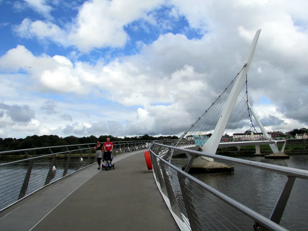 Walking across the Peace Bridge in Derry.