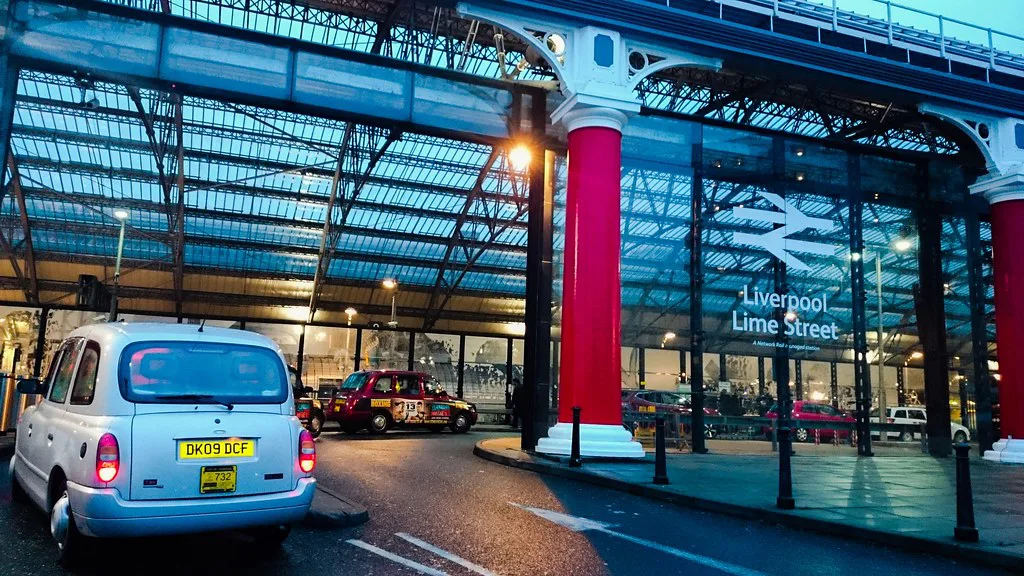 A taxi under the canopy at Lime Street Station, Liverpool.
