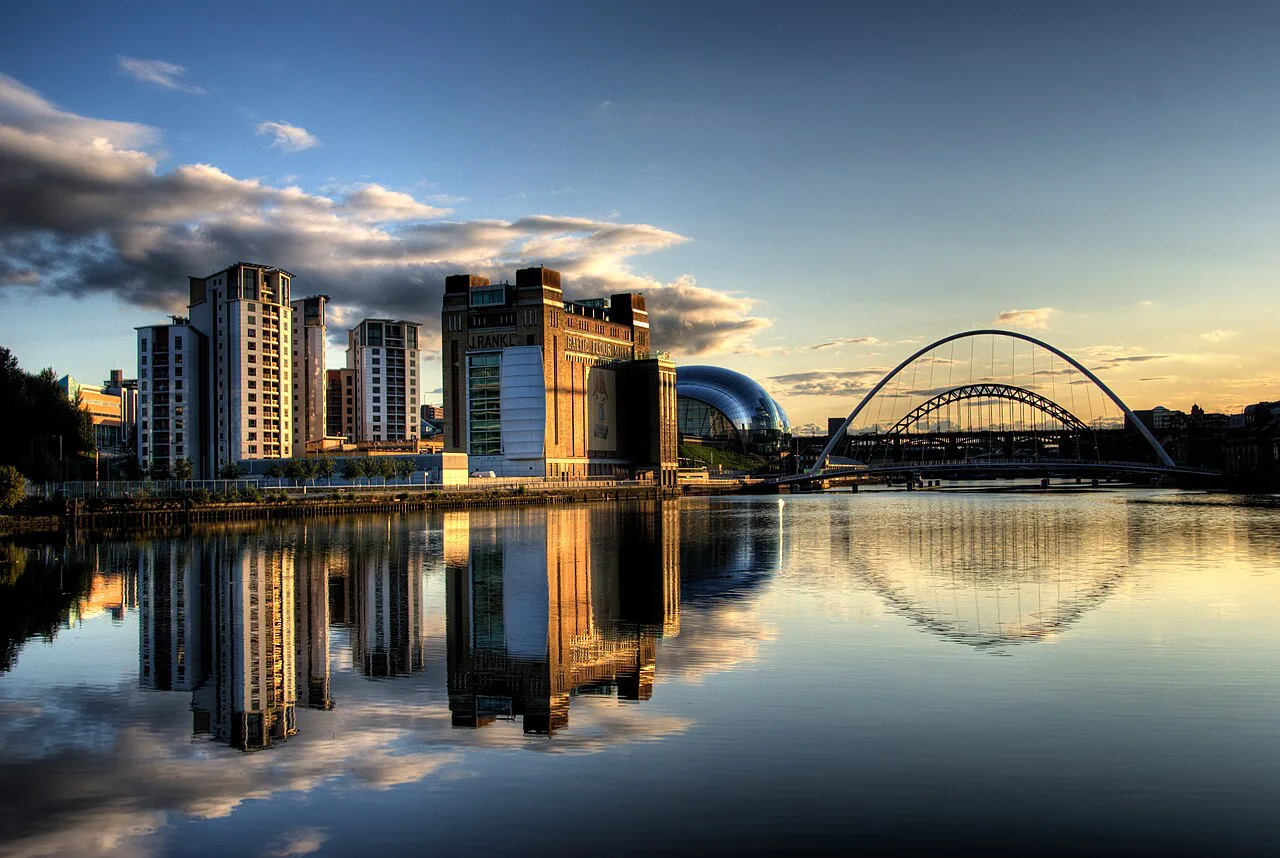 Newcastle Quayside and the Tyne bridges at dusk.
