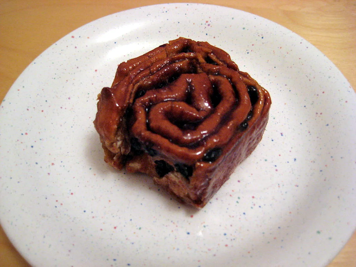 A sticky Chelsea bun from Fitzbillies on Trumpington Street, Cambridge.