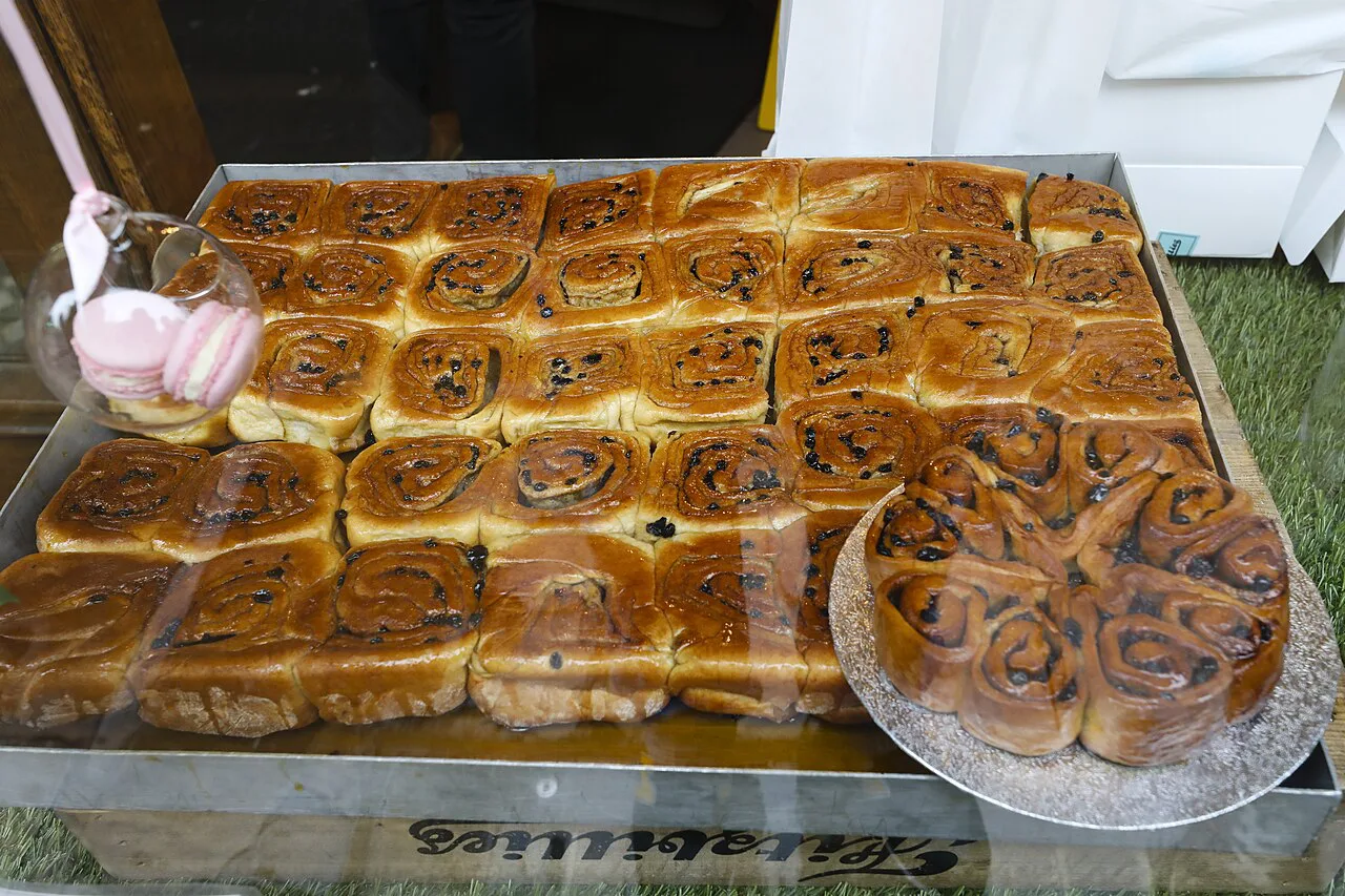 A tray of Chelsea buns at Fitzbillies, Cambridge.