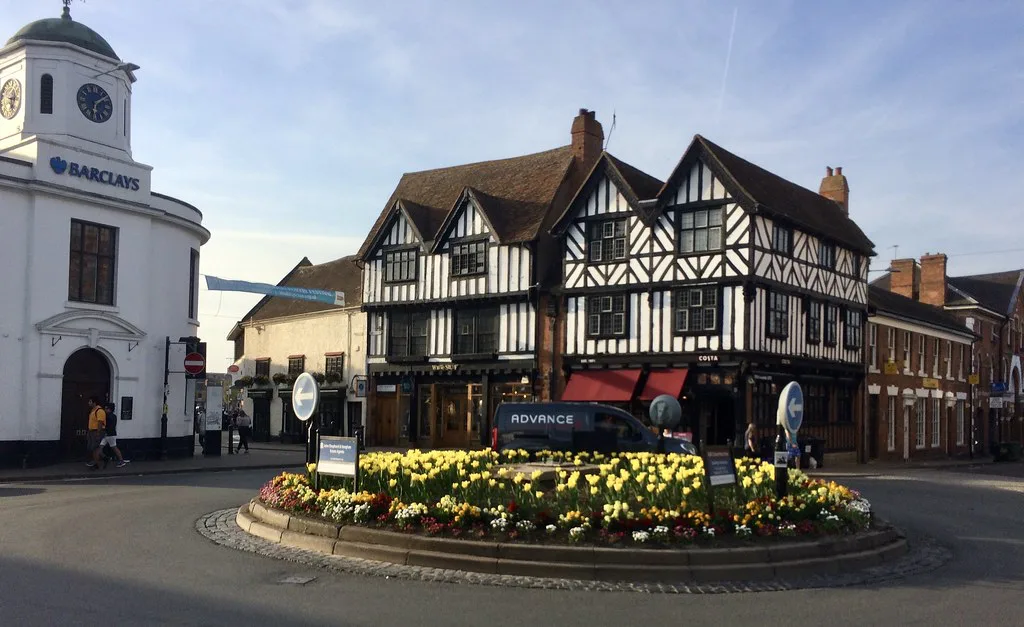 Timber-framed buildings at the end of Bridge Street, Stratford-upon-Avon.