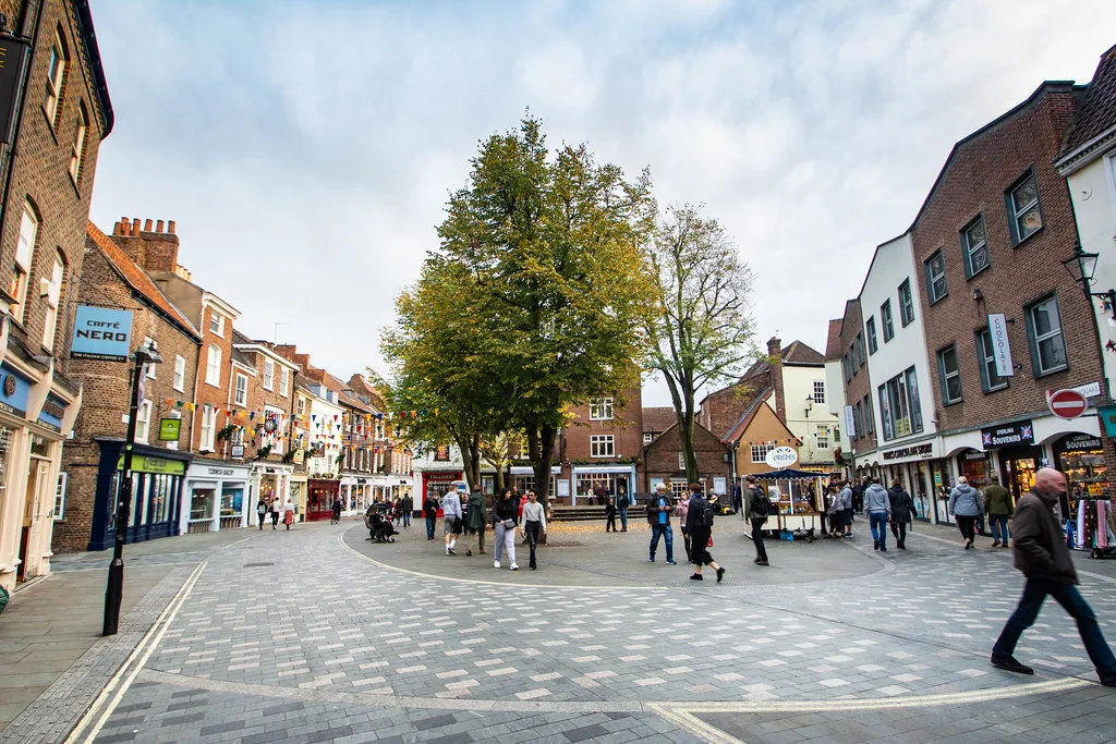 A broad pedestrian street in York city centre.
