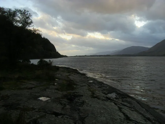Loch Linnhe, the sea loch at Fort William, under a cloudy sky.