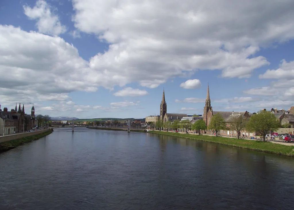 The River Ness in the centre of Inverness, seen from Ness Bridge.
